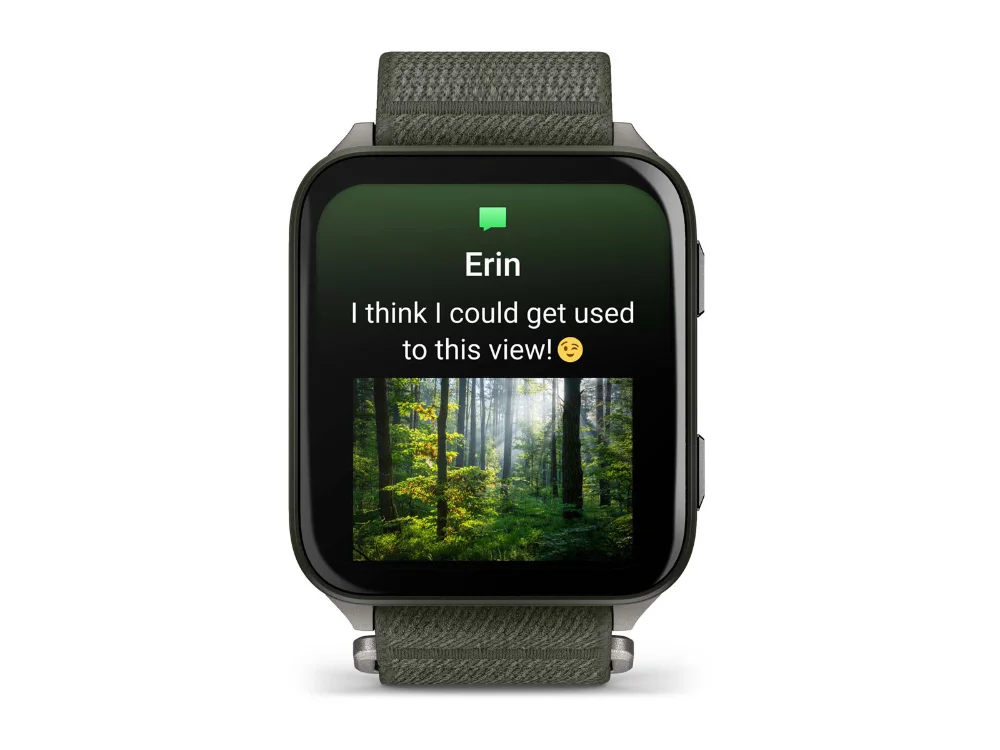 Garmin Venu X1, болотный, болотный нейлоновый ремешок — вид спереди, другой экран
