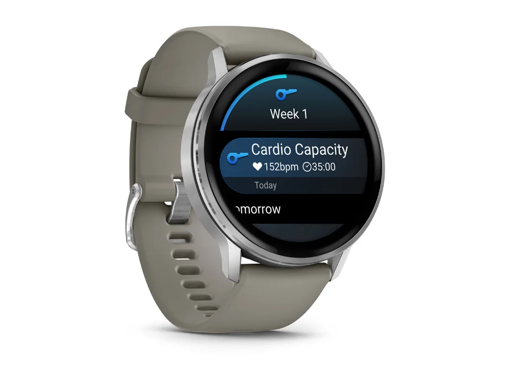 Garmin Venu 4 45 mm, серебристый, серый силиконовый ремешок — вид сбоку