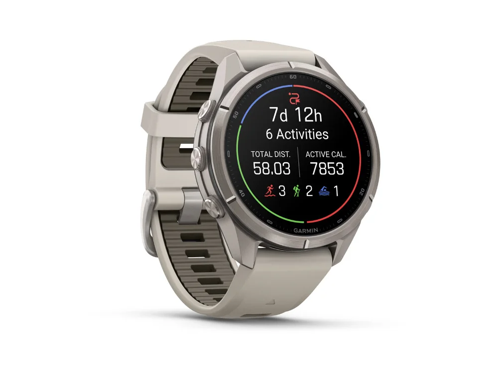 Garmin Fenix 9 Pro inReach 43 mm, титан, серый/песочный силиконовый ремешок — вид сбоку