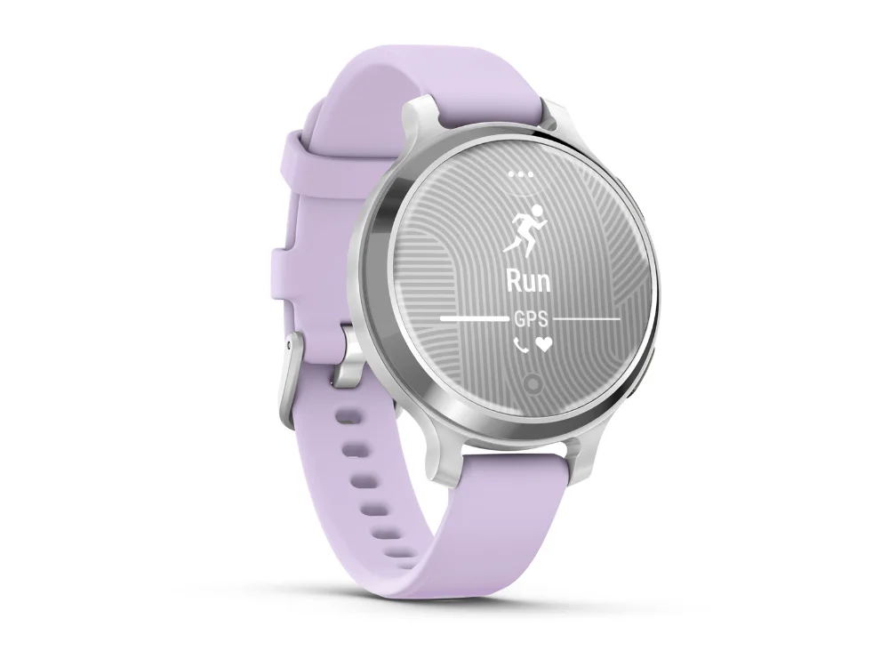 Garmin Lily 2 Active, серебристый, фиолетовый силиконовый ремешок — вид сбоку