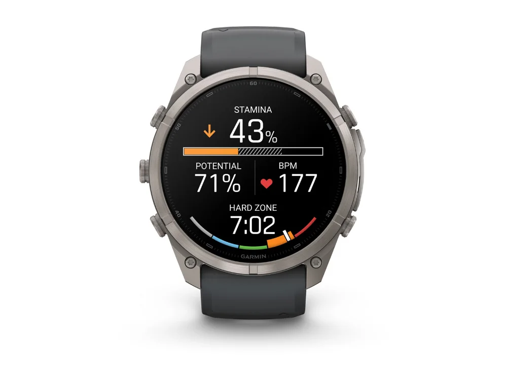 Garmin Fenix 9 Pro inReach 51 mm, титан, графитовый/чёрный силиконовый ремешок — вид спереди, другой экран