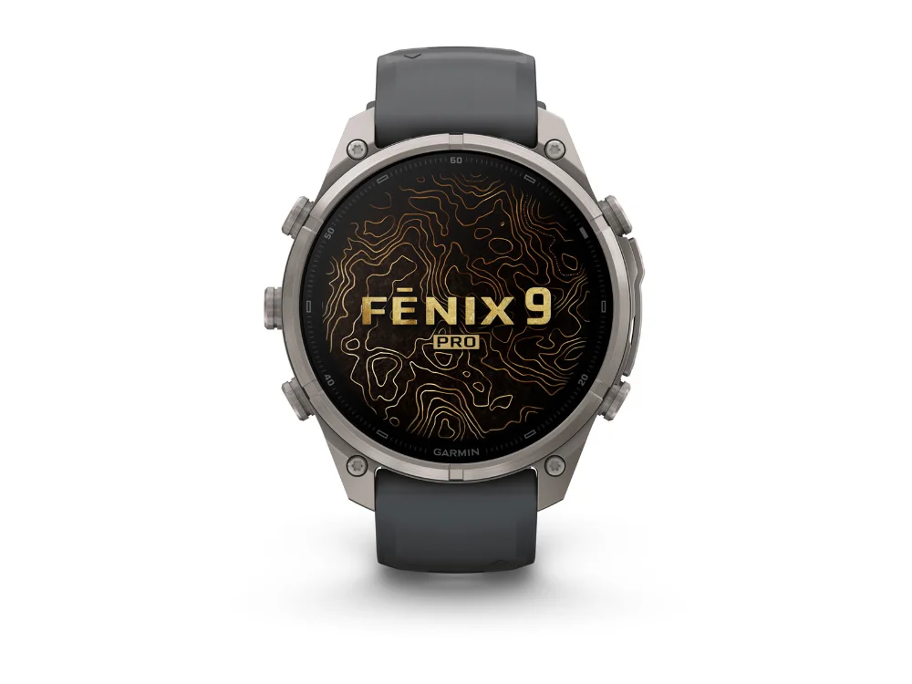 Garmin Fenix 9 Pro inReach 47 mm, титан, графитовый/чёрный силиконовый ремешок — вид спереди