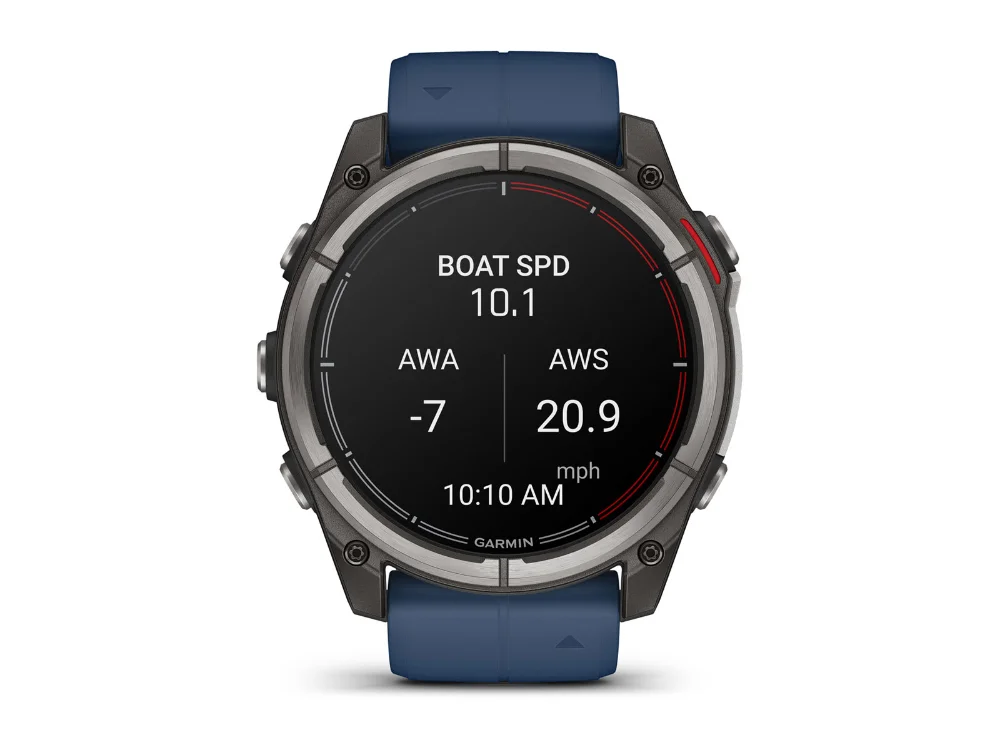 Garmin Quatix 8 AMOLED 51 mm, титан, синий силиконовый ремешок — вид спереди, другой экран
