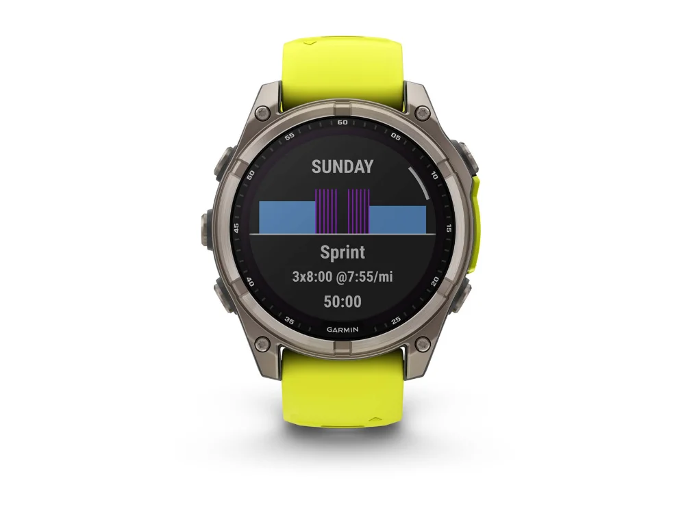 Garmin Fenix 8 Solar 47 mm, титан, жёлтый/графитовый силиконовый ремешок — вид спереди, другой экран