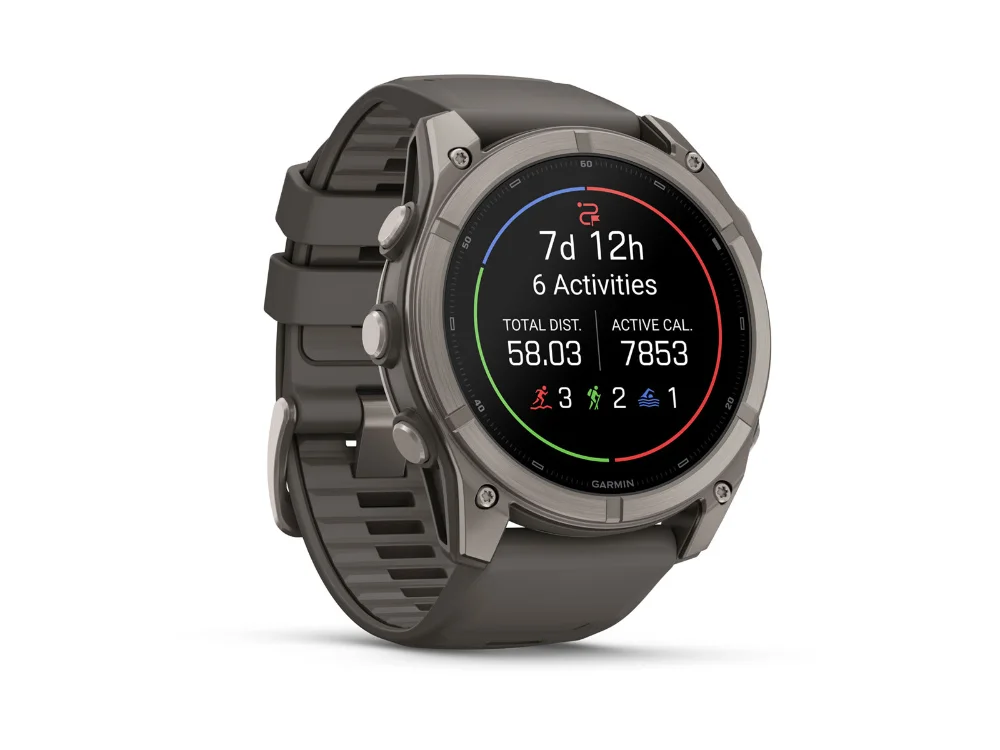 Garmin Fenix 9 51 mm, титан, серый силиконовый ремешок — вид сбоку
