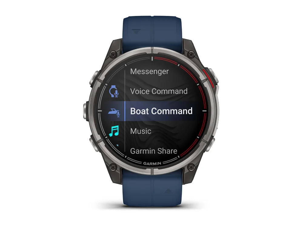 Garmin Quatix 8 AMOLED 47 mm, титан, синий силиконовый ремешок — вид спереди