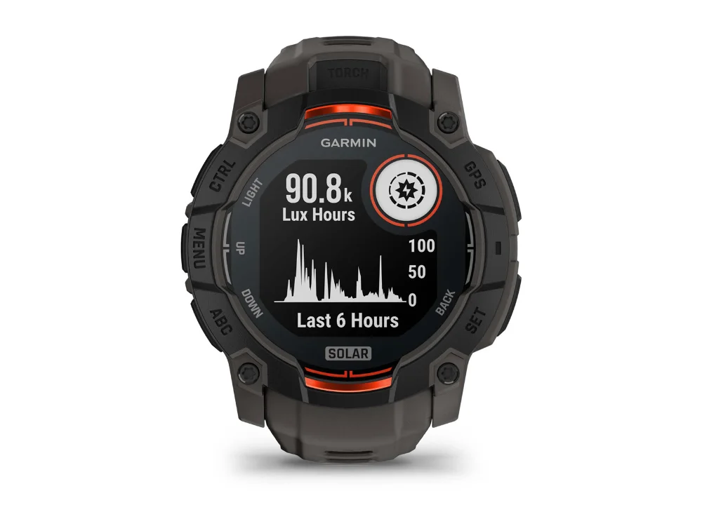 Garmin Instinct 3 Solar 50 mm, чёрный, тёмно-серый силиконовый ремешок — вид спереди