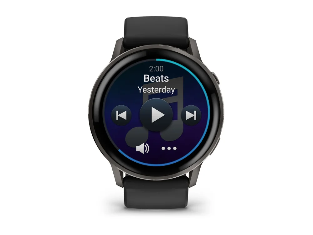 Garmin Venu 4 45 mm, тёмно-серый, чёрный силиконовый ремешок — вид спереди, другой экран