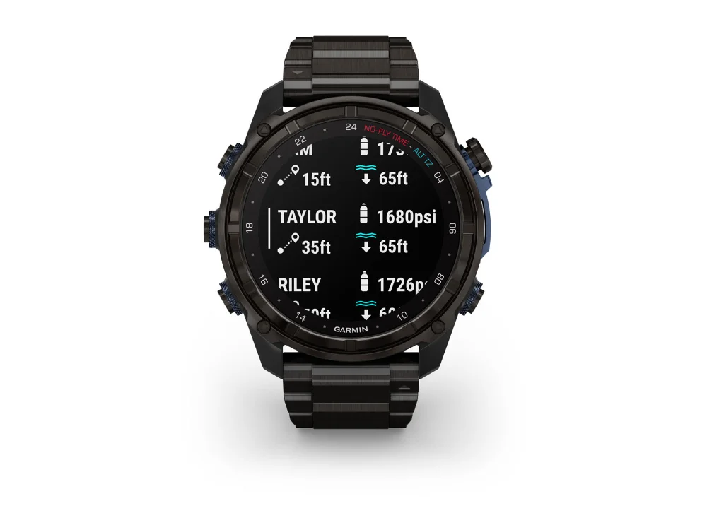 Garmin Descent Mk3i 51 mm, карбоново-серый титан, титановый браслет и чёрный силиконовый ремешок — вид спереди, другой экран