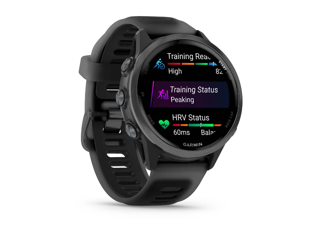 Garmin Forerunner 570 42 mm, тёмно-серый алюминий, чёрный силиконовый ремешок — вид сбоку