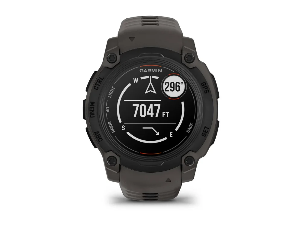 Garmin Instinct E 40 mm, чёрный, тёмно-серый силиконовый ремешок — вид спереди, другой экран