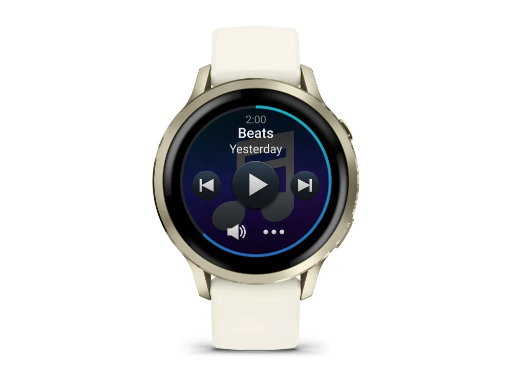 Garmin Venu 4 41 mm, лунное золото, бежевый силиконовый ремешок — вид спереди, другой экран