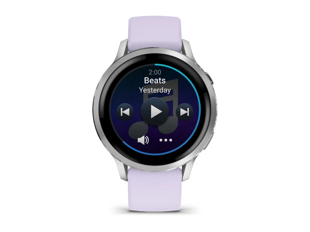 Garmin Venu 4 41 mm, серебристый, сиренево-голубой силиконовый ремешок — вид спереди, другой экран
