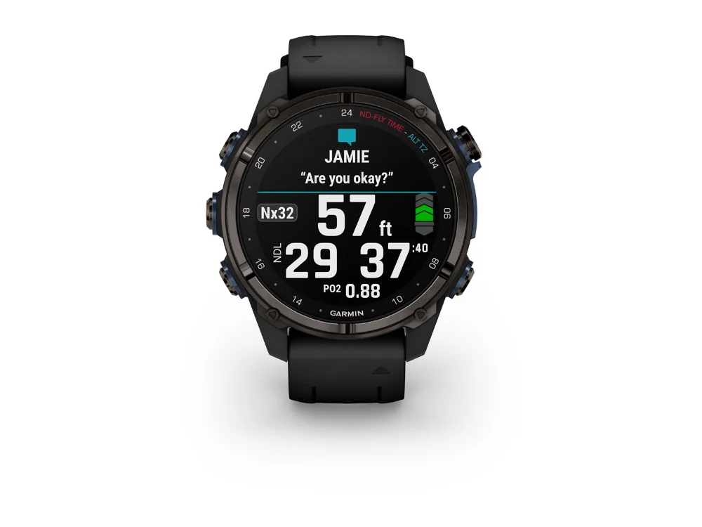 Garmin Descent Mk3i 43 mm, карбоново-серый титан, чёрный силиконовый ремешок — вид спереди