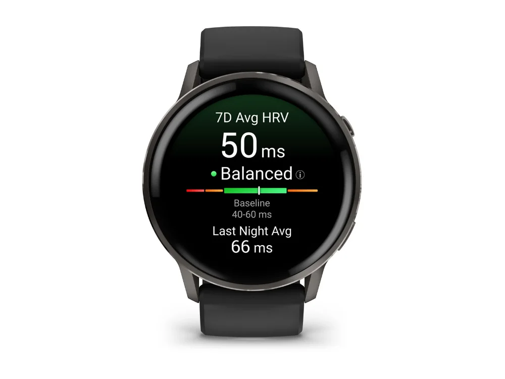 Garmin Venu 4 45 mm, тёмно-серый, чёрный силиконовый ремешок — вид спереди