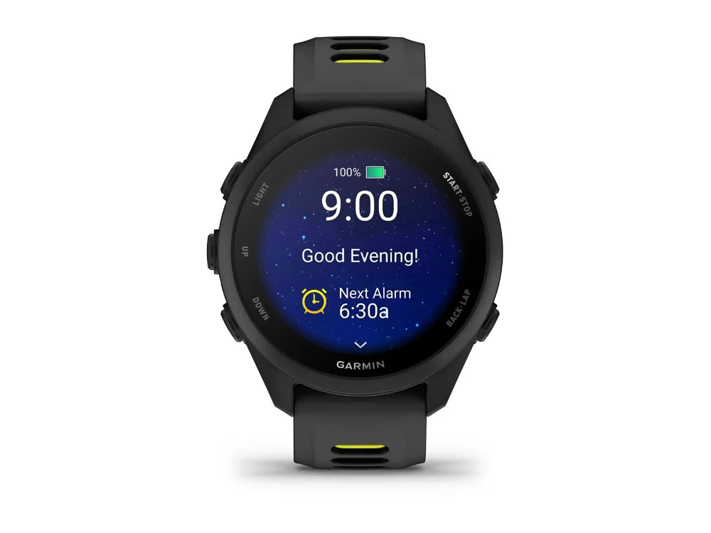 Garmin Forerunner 170, чёрный, чёрный/жёлтый силиконовый ремешок — вид спереди