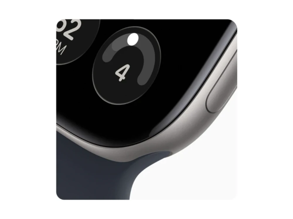 Apple Watch Series 12 GPS 42 мм Алюминий Серый космос (Space Gray) с Тёмно-синий спортивный ремешок (Navy Blue Sport Band) — вид сбоку