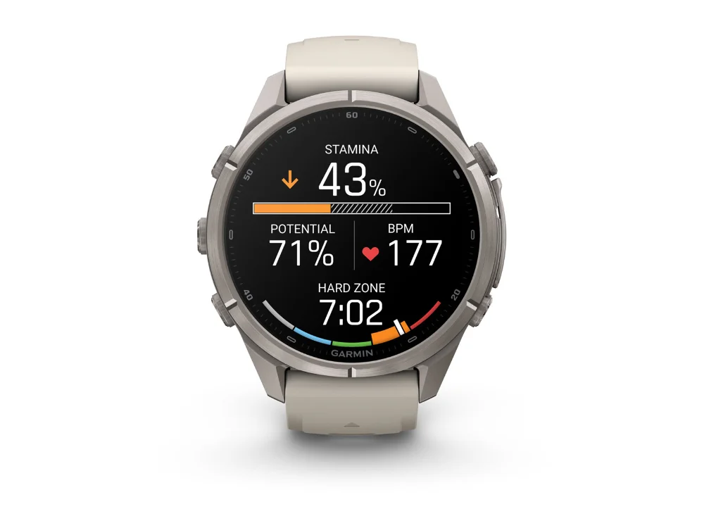Garmin Fenix 9 Pro inReach 43 mm, титан, серый/песочный силиконовый ремешок — вид спереди, другой экран