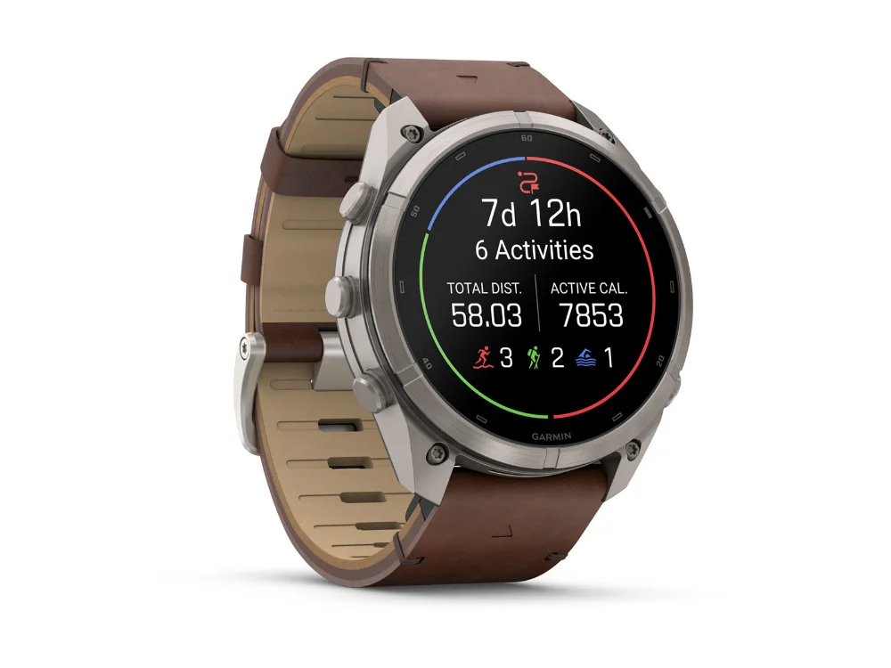 Garmin Fenix 9 Pro inReach 51 mm, титан, коричневый кожаный и силиконовый ремешки — вид сбоку