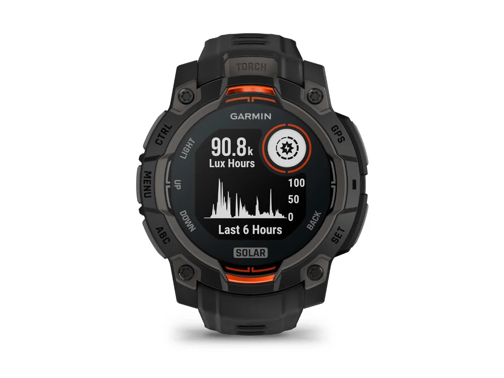Garmin Instinct 3 Solar 45 mm, чёрный, чёрный силиконовый ремешок — вид спереди