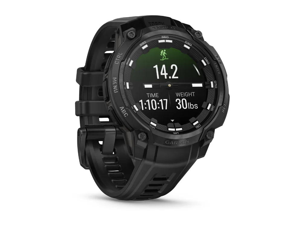 Garmin Instinct Crossover AMOLED Tactical Edition, чёрный, чёрный силиконовый ремешок — вид сбоку