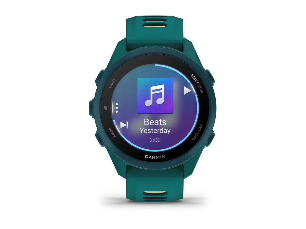 Garmin Forerunner 170 Music, бирюзово-зелёный, бирюзовый/лимонный силиконовый ремешок — вид спереди