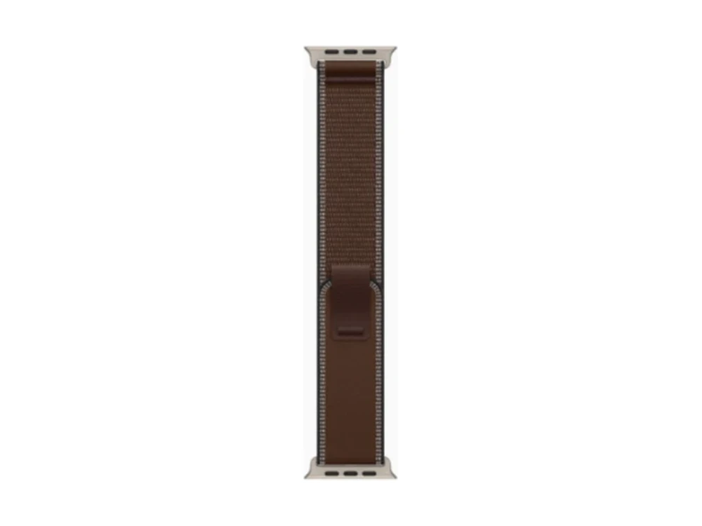 Apple Watch Ultra 4 GPS + Cellular 49 мм Натуральный титан (Natural Titanium) с ремешком Тёмно-коричневый Trail Loop (Trail Loop Dark Umber) — вид сбоку