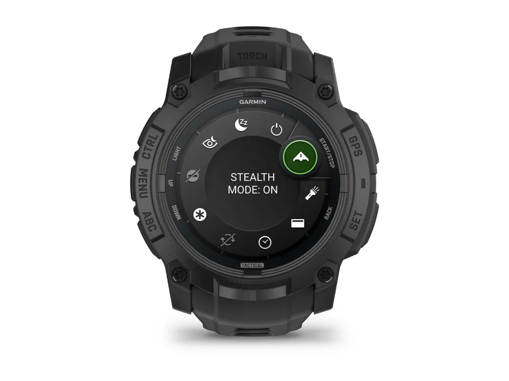Garmin Instinct 3 AMOLED Tactical Edition 50 mm, чёрный, чёрный силиконовый ремешок — вид спереди, другой экран