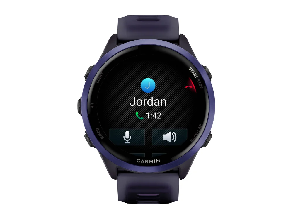 Garmin Forerunner 570 47 mm, индиго алюминий, фиолетовый/индиго силиконовый ремешок — вид спереди, другой экран