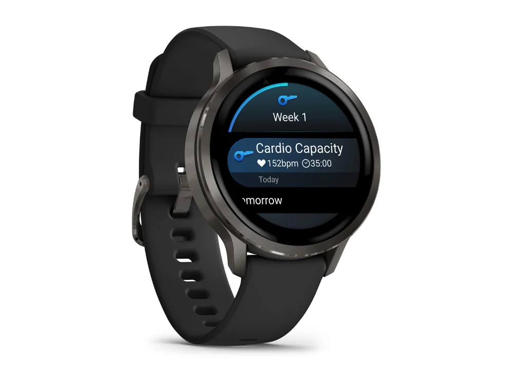 Garmin Venu 4 41 mm, тёмно-серый, чёрный силиконовый ремешок — вид сбоку