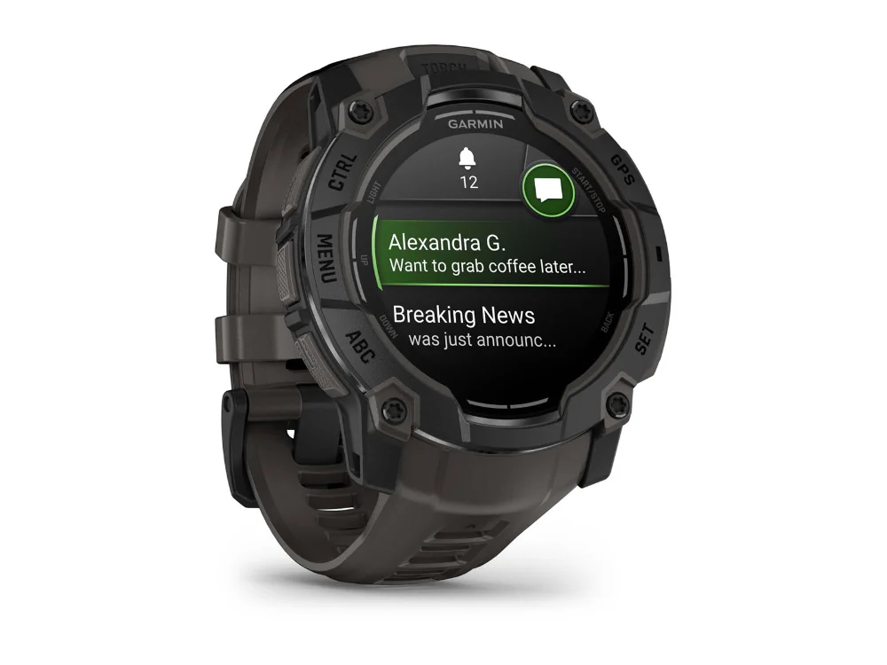 Garmin Instinct 3 AMOLED 50 mm, чёрный, тёмно-серый силиконовый ремешок — вид сбоку