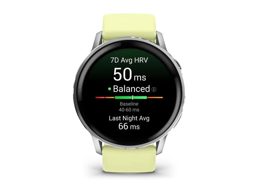 Garmin Venu 4 45 mm, серебристый, лимонный силиконовый ремешок — вид спереди